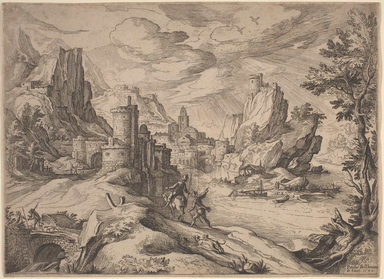 Rivierlandschap met reizigers door Paul Bril