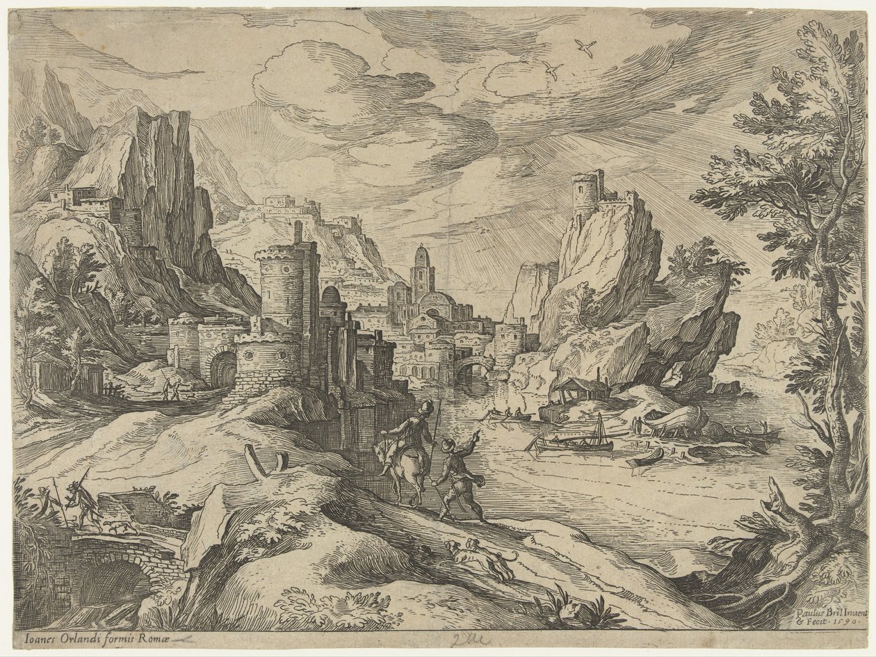 Rotskust in Campania met stad en reizigers door Paul Bril