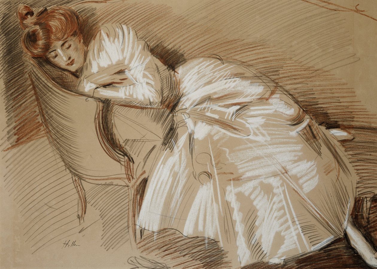 Madame Helleu liggend op een chaise-longue door Paul Cesar Helleu
