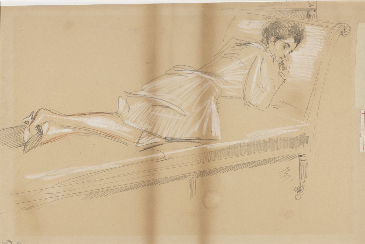 Vrouw voorover liggend op rustbank door Paul Cesar Helleu