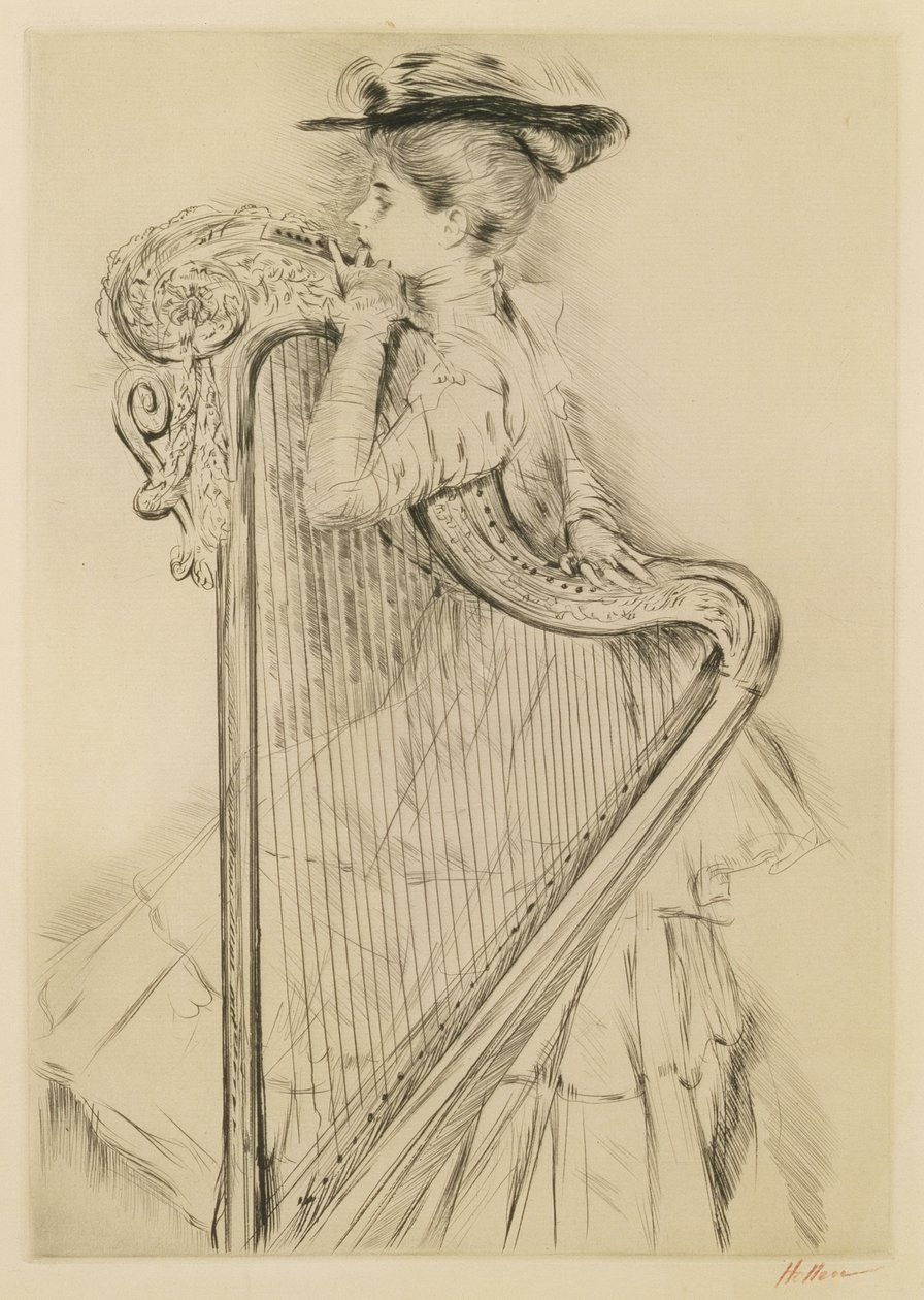 Vrouw met een harp door Paul Cesar Helleu