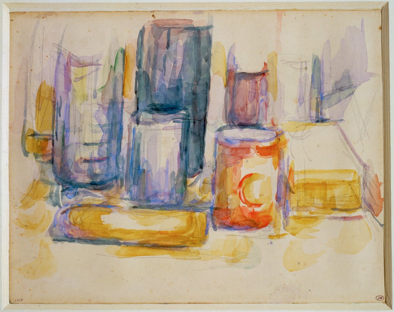 Een keukentafel, potten en flessen (schilderij) door Paul Cézanne