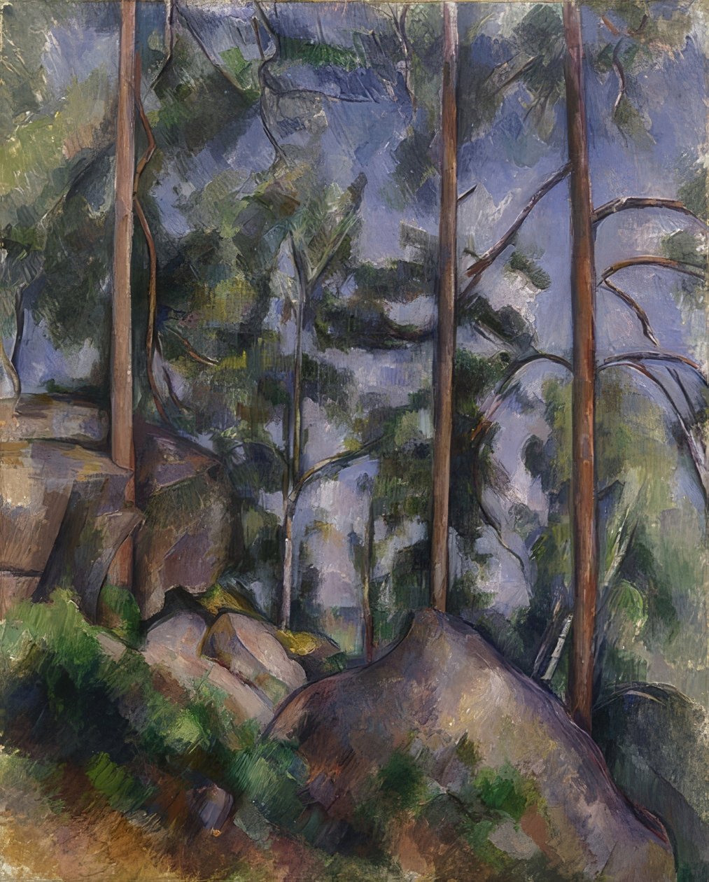 Pijnbomen en rotsen (Fontainebleau?) door Paul Cézanne