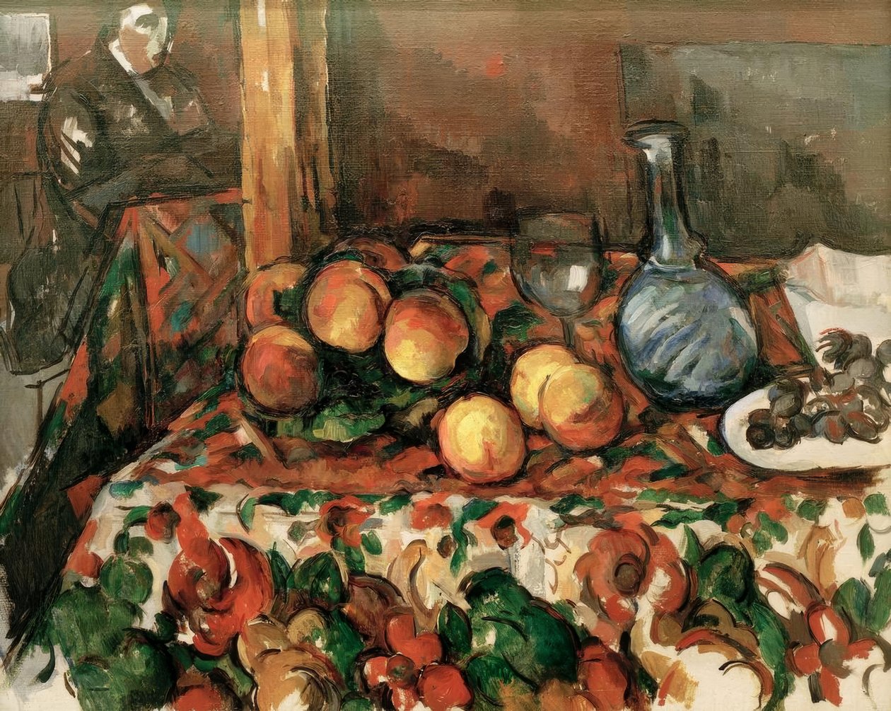 Perziken, karaf en figuur door Paul Cézanne