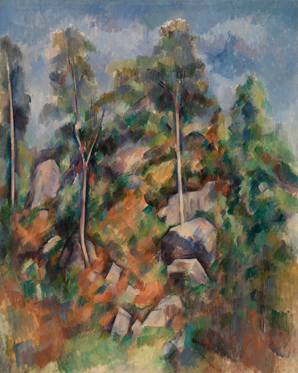 Rotsen en bomen door Paul Cézanne