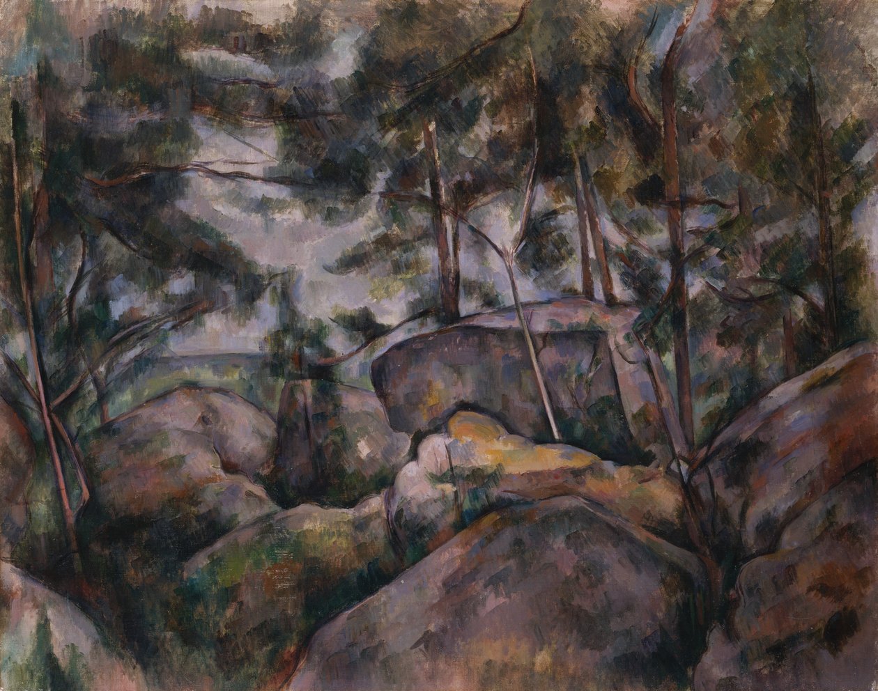 Rotsen in het bos door Paul Cézanne