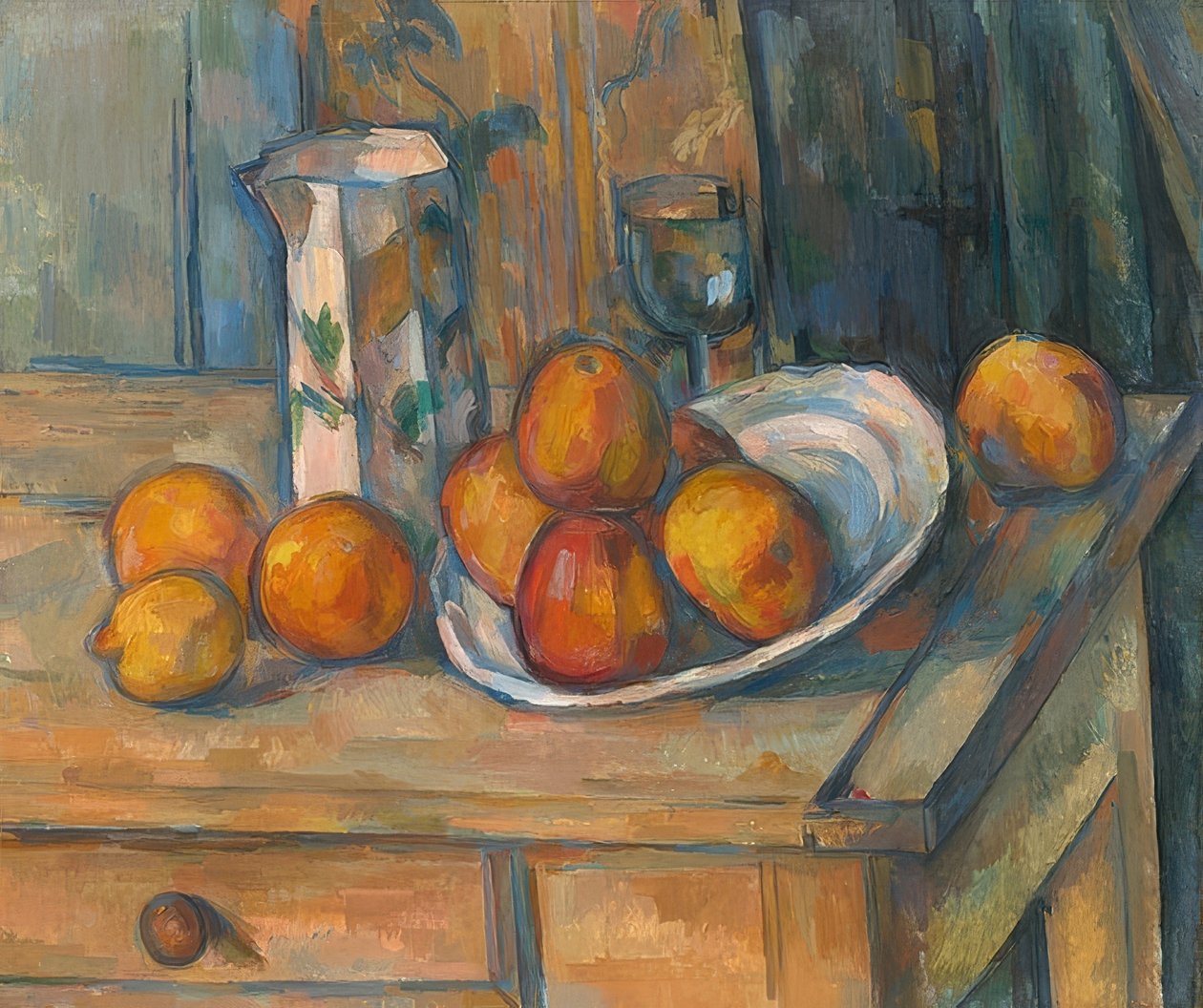 Stilleven met melkkan en fruit. 1900 door Paul Cézanne