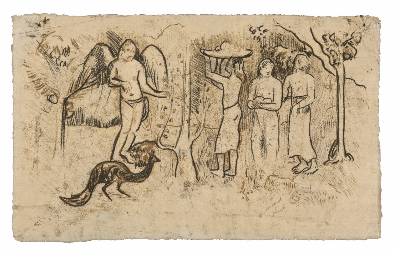 Engel, pauw en drie tahitianen door Paul Gauguin