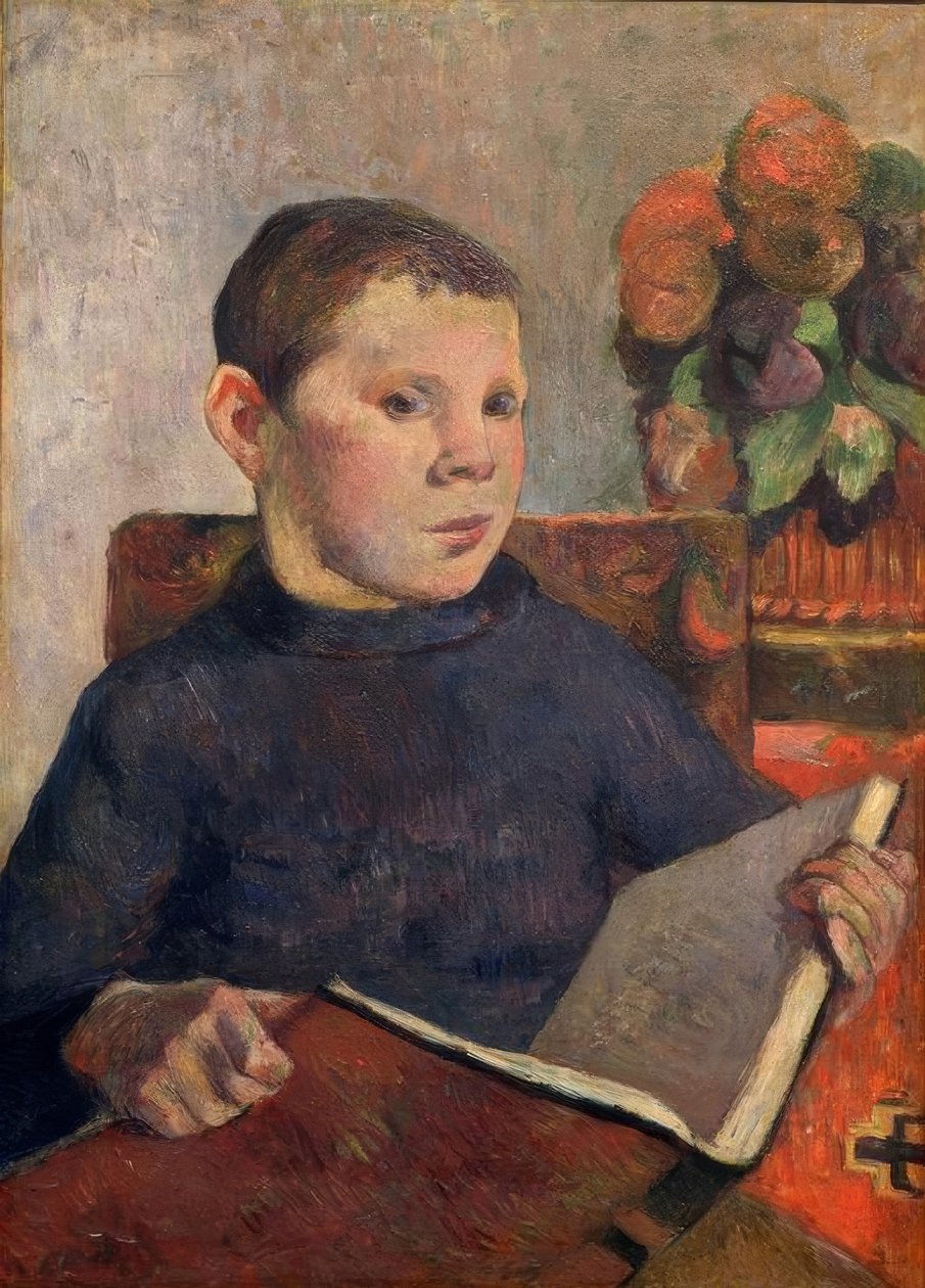 Portret van zoon Clovis met een boek door Paul Gauguin