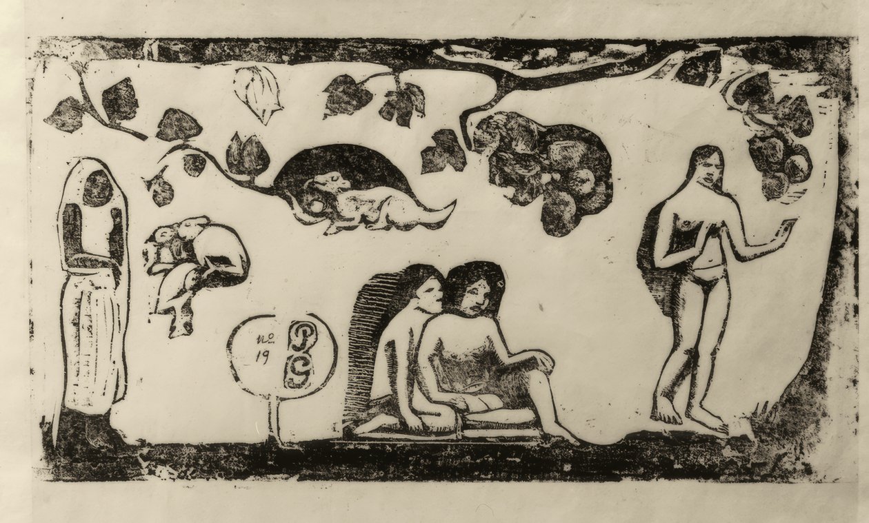 Vrouwen, dieren en gebladerte door Paul Gauguin