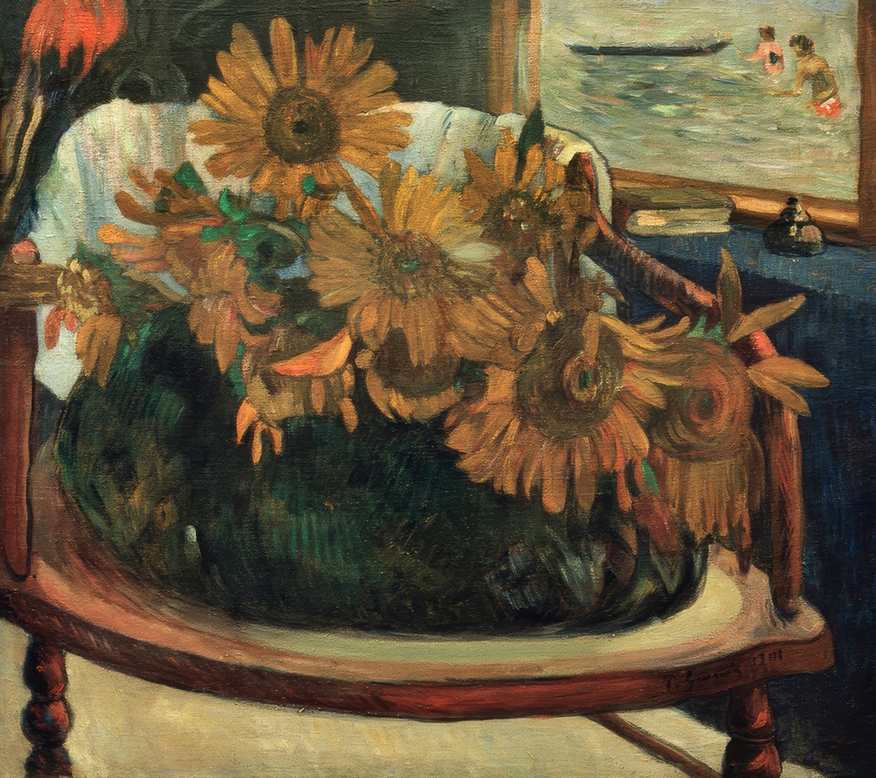 Zonnebloemen in een fauteuil I door Paul Gauguin