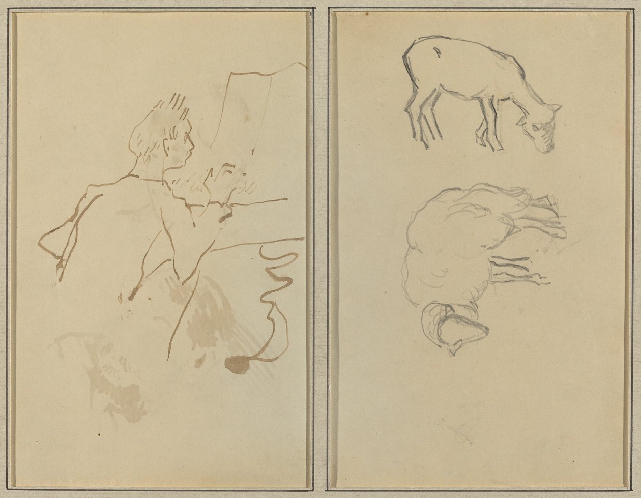 Man die Piano Speelt; Twee Schapen [verso] door Paul Gauguin