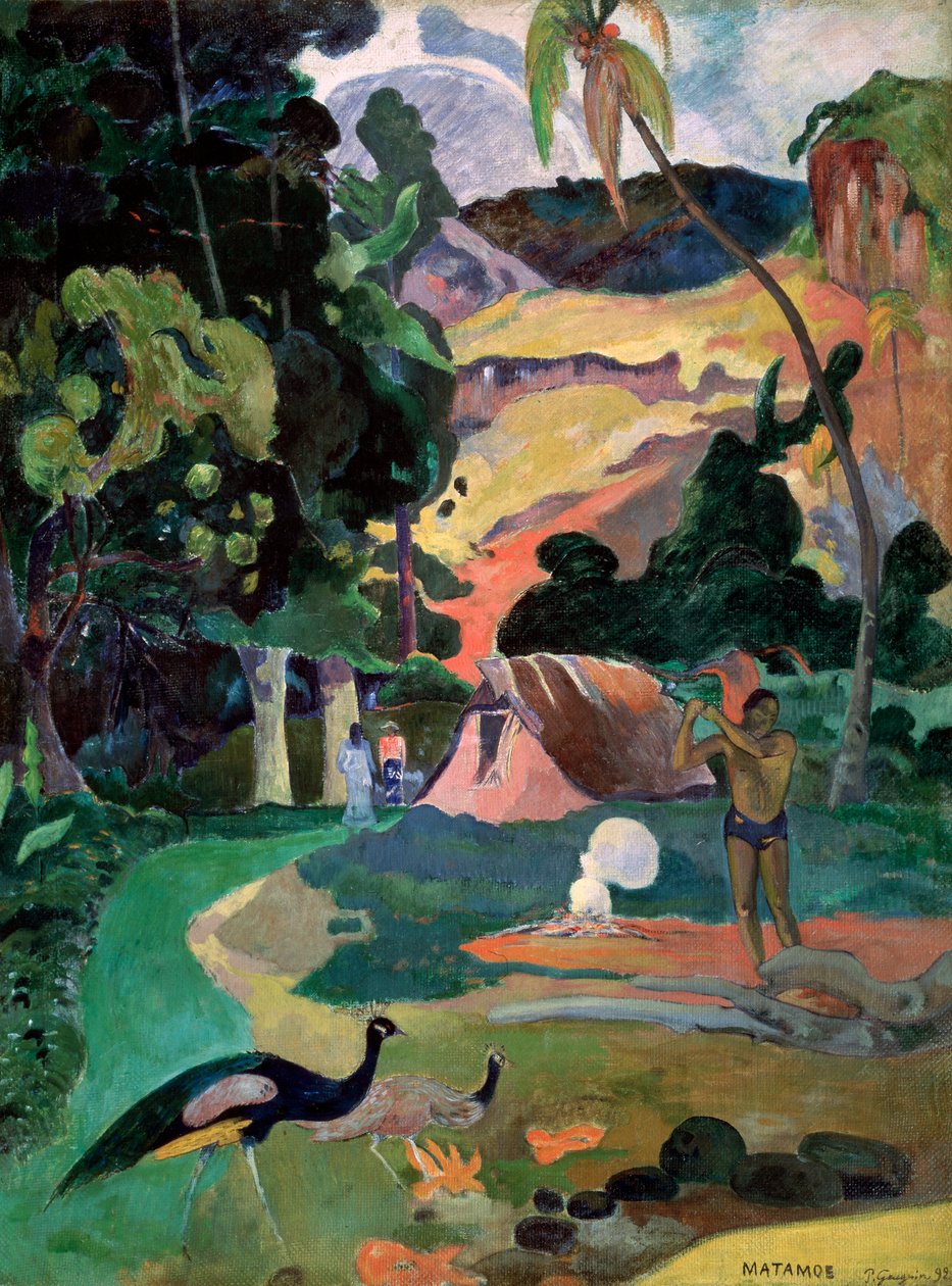 Matamoe Dood. Landschap met Pauwen door Paul Gauguin
