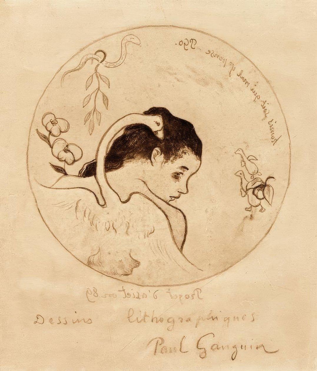 Ontwerp voor een bord - Leda en zwaan door Paul Gauguin