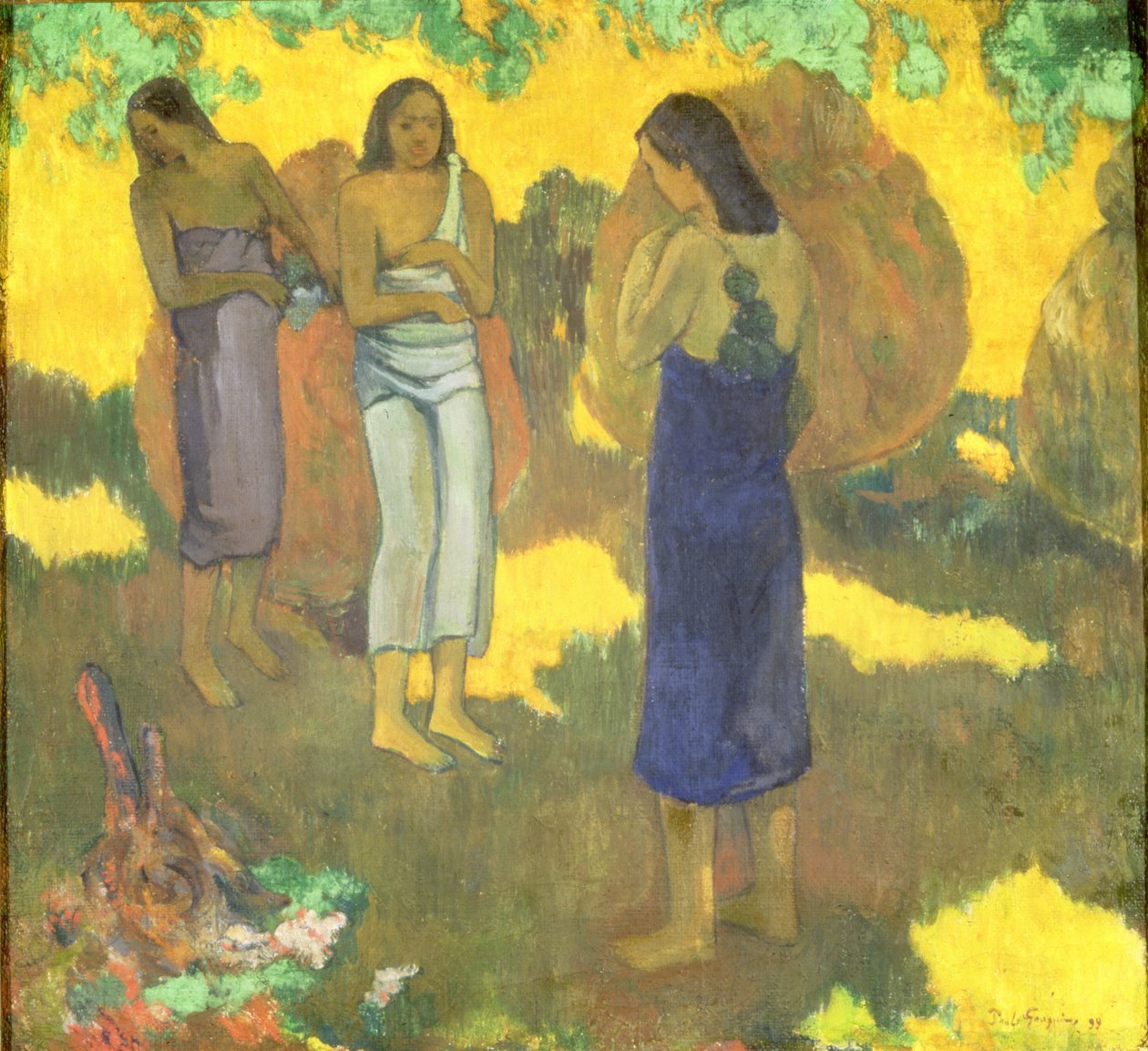 Drie Tahitiaanse Vrouwen tegen een Gele Achtergrond door Paul Gauguin