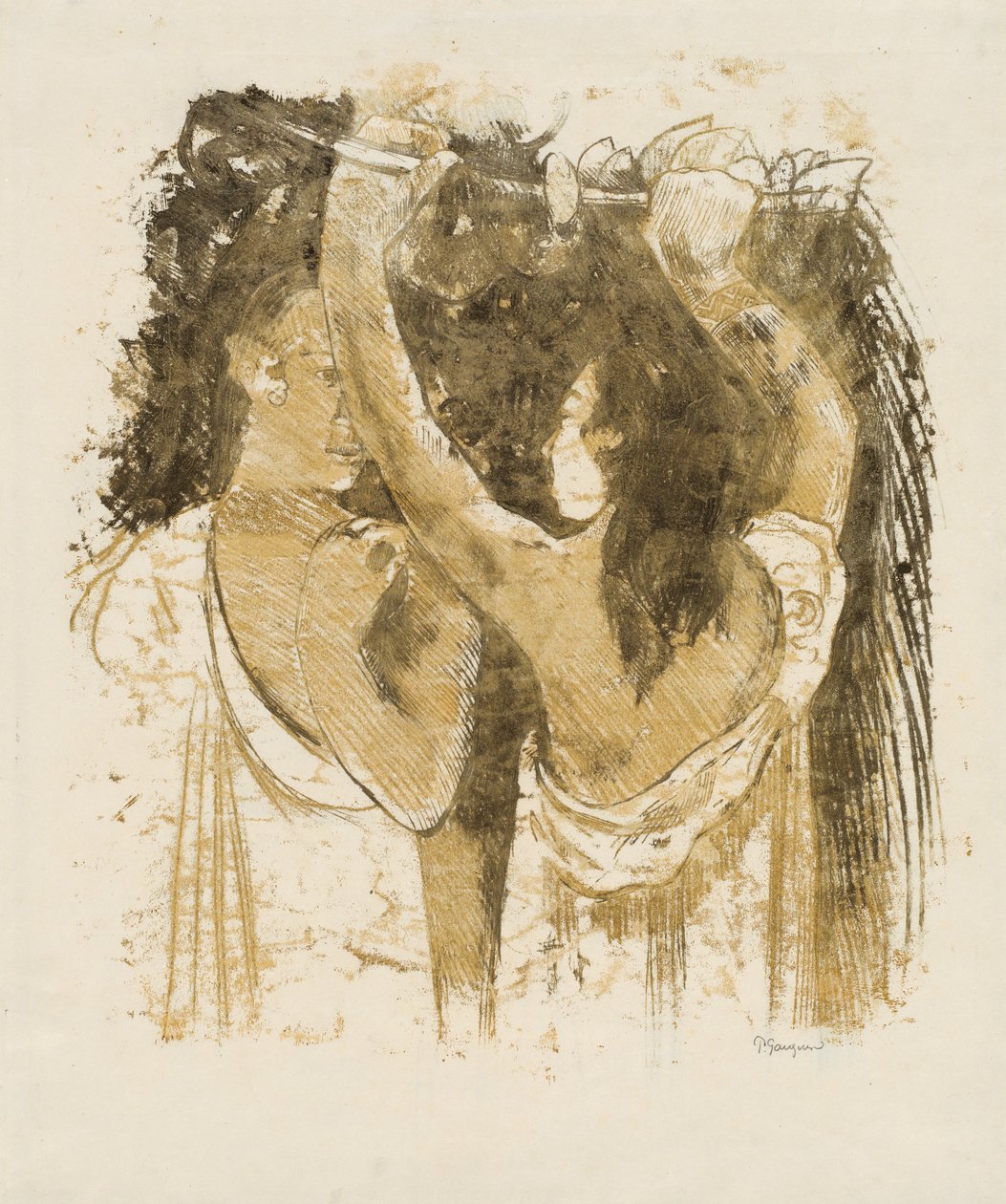 Twee Tahitianen verzamelen fruit [recto] door Paul Gauguin