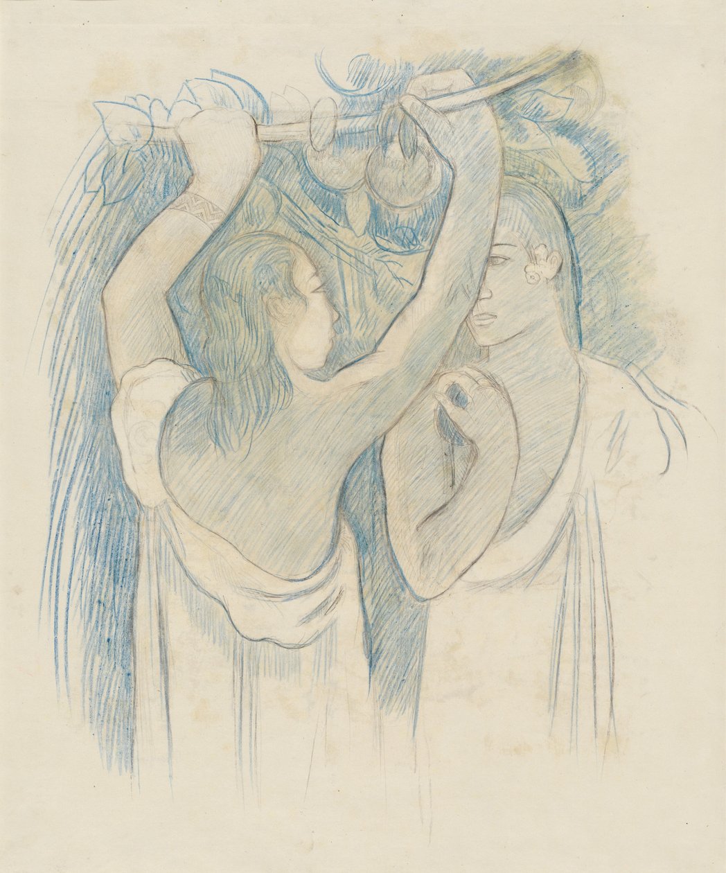 Twee Tahitianen verzamelen fruit [verso] door Paul Gauguin