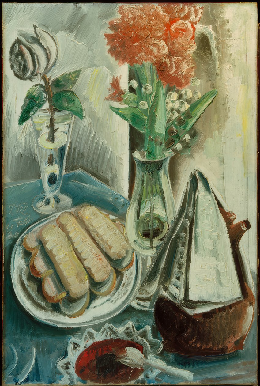 Stilleven met koffiekan, bloemen en gebak door Paul Kleinschmidt