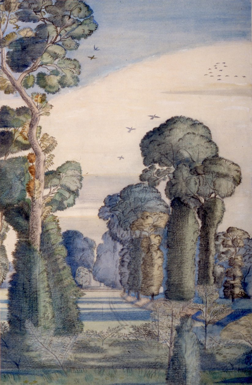 Een landschap bij Wood Lane door Paul Nash