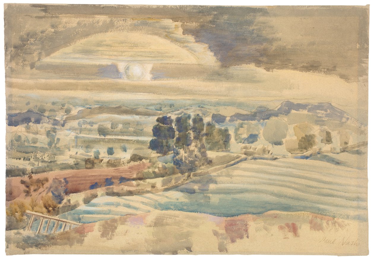 Zonsopgang over vallei door Paul Nash