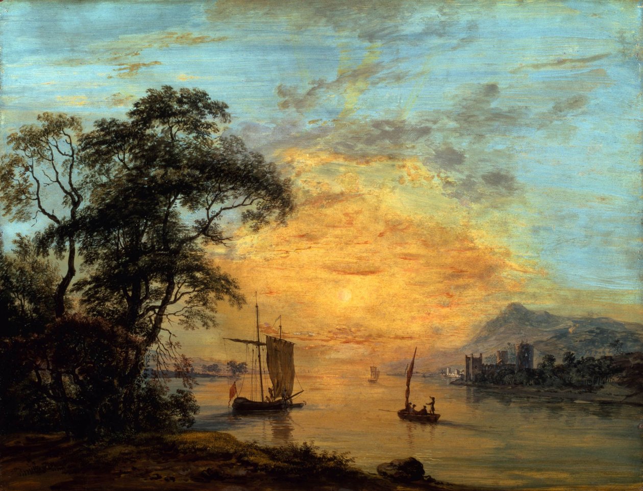 Een rivierlandschap met zonsondergang in Wales. door Paul Sandby