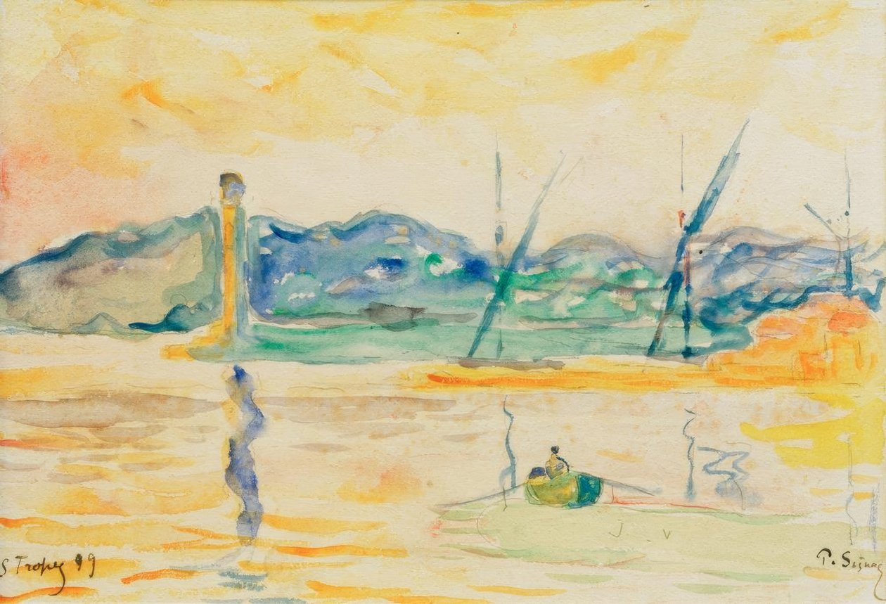 Haveningang van Saint-Tropez bij zonsondergang door Paul Signac