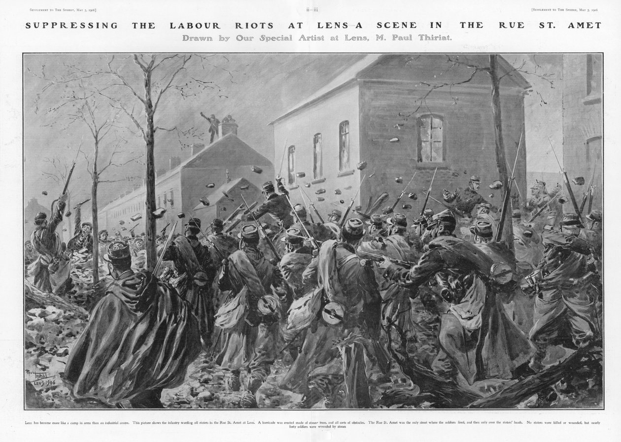 Onderdrukking van de arbeidsrellen in Lens (litho) door Paul Thiriat