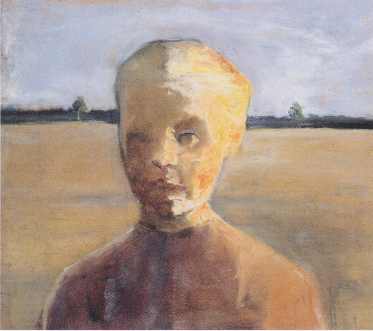 Borstbeeld van een meisje in de zon voor een weids landschap door Paula Modersohn Becker