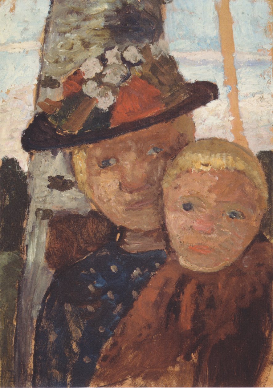 Borstbeeld van een meisje met bloemenhoed en jongen door Paula Modersohn Becker