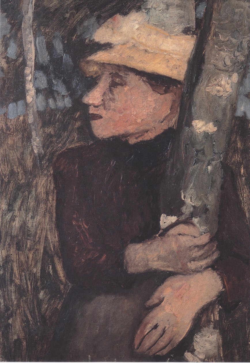 Vrouw met strohoed tussen berken door Paula Modersohn Becker