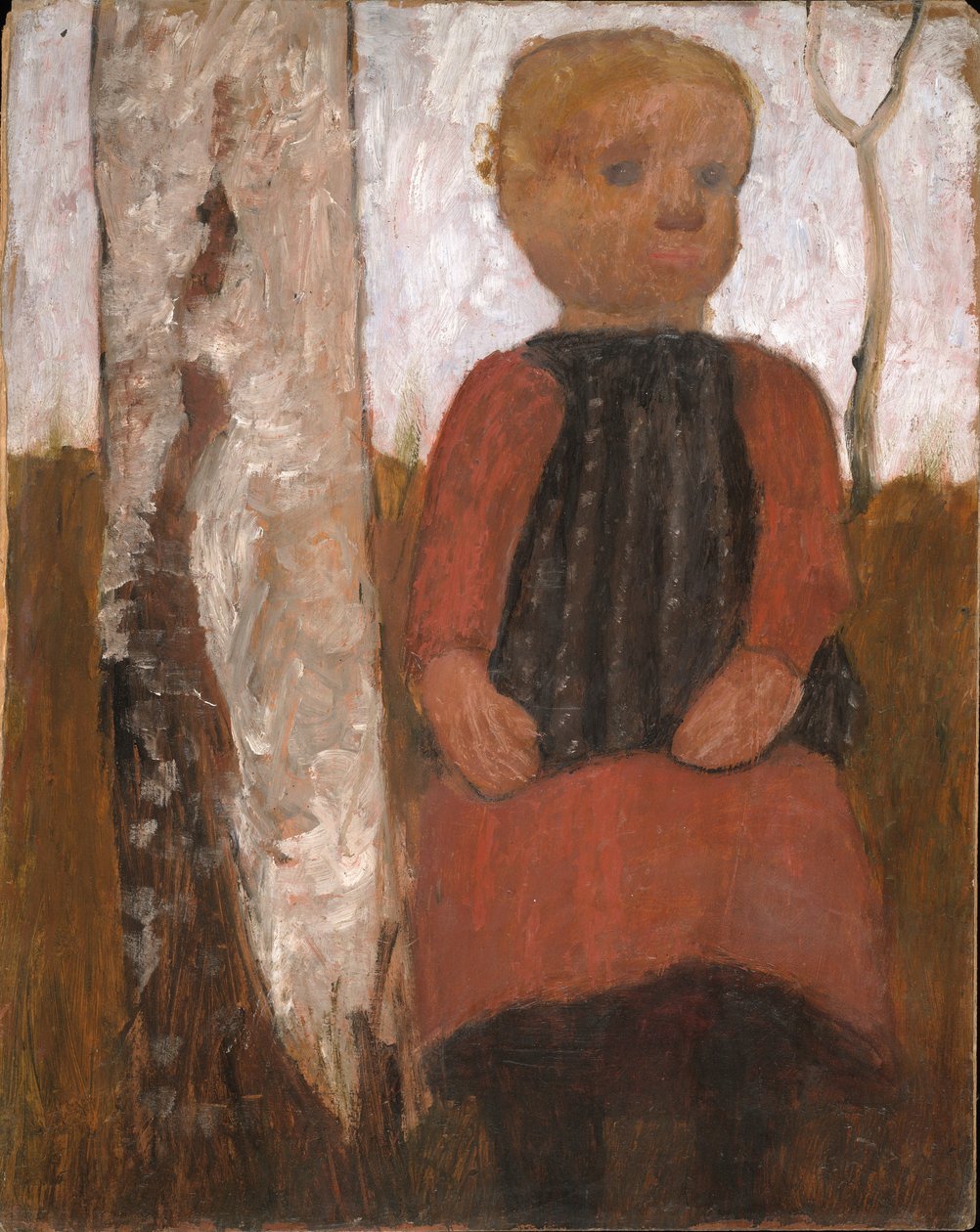 Kind in rood kleed bij berkenstam door Paula Modersohn Becker