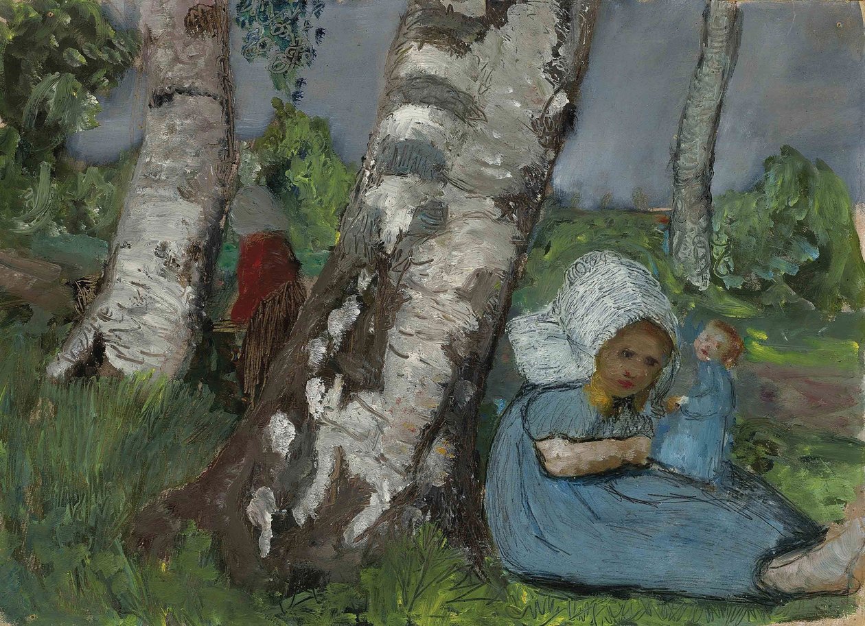 Kind met pop zittend bij een berkenstam door Paula Modersohn Becker