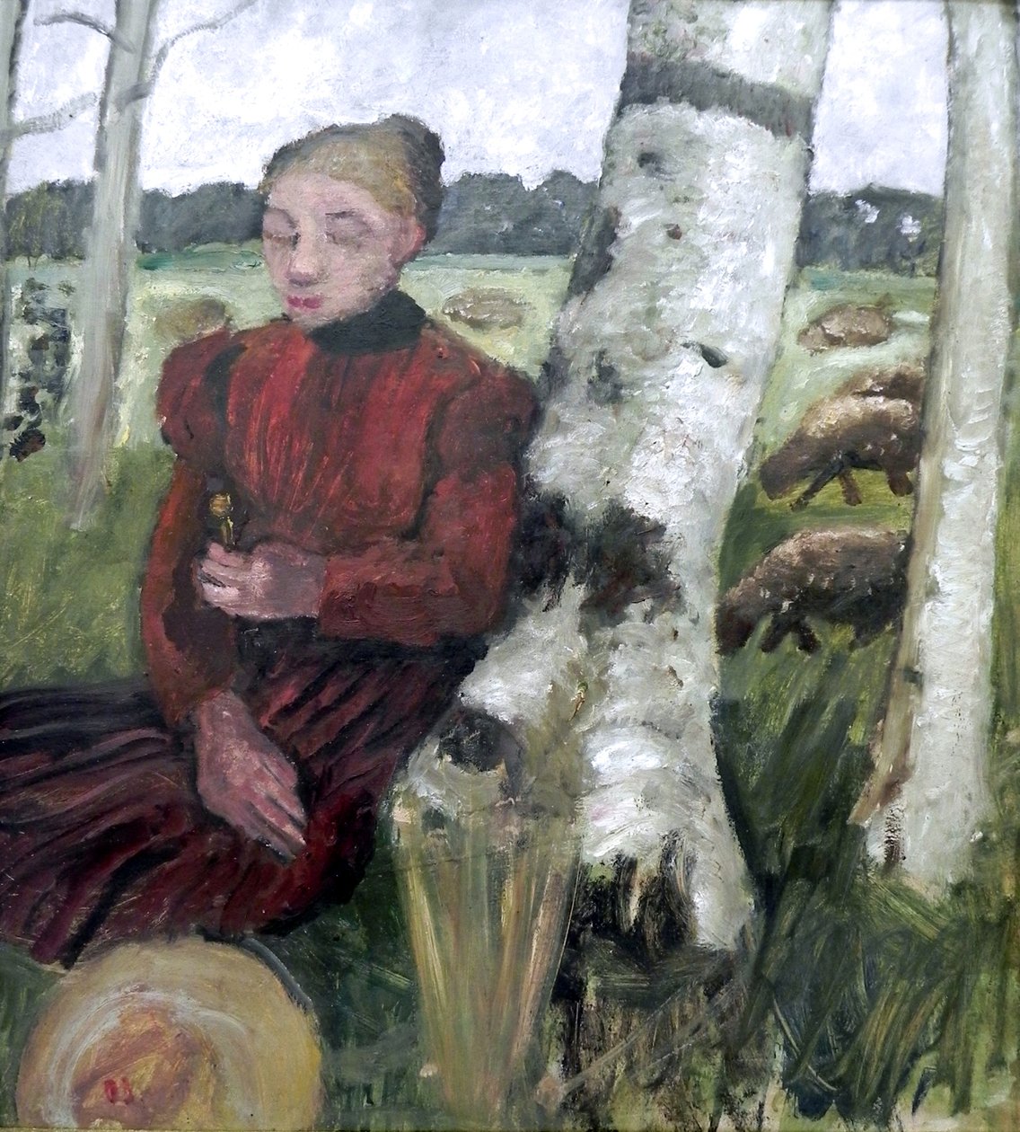 Meisje rustend bij berkenstam, schapen in de achtergrond door Paula Modersohn Becker