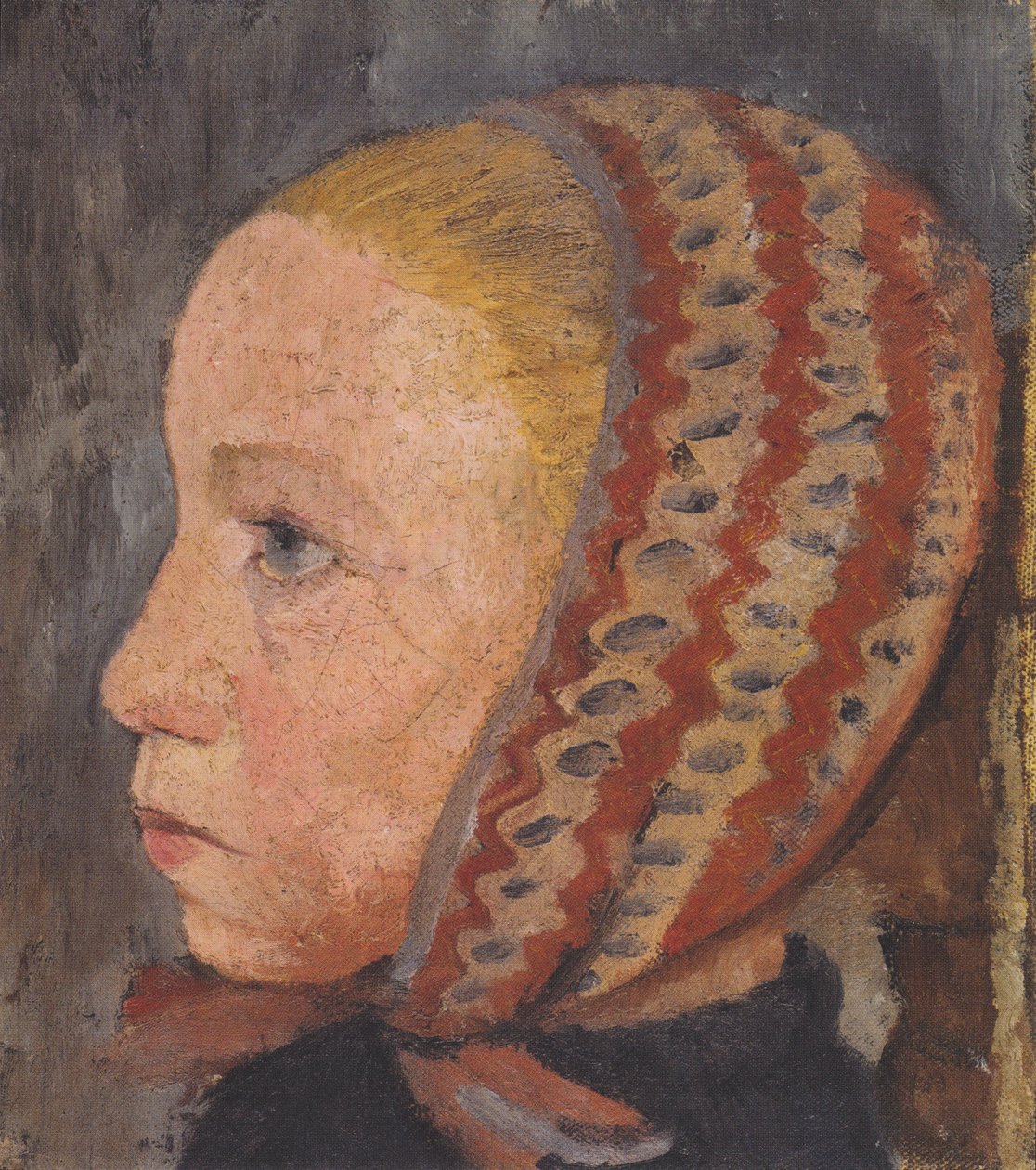 Meisjeshoofd met gestreepte muts in profiel naar links door Paula Modersohn Becker