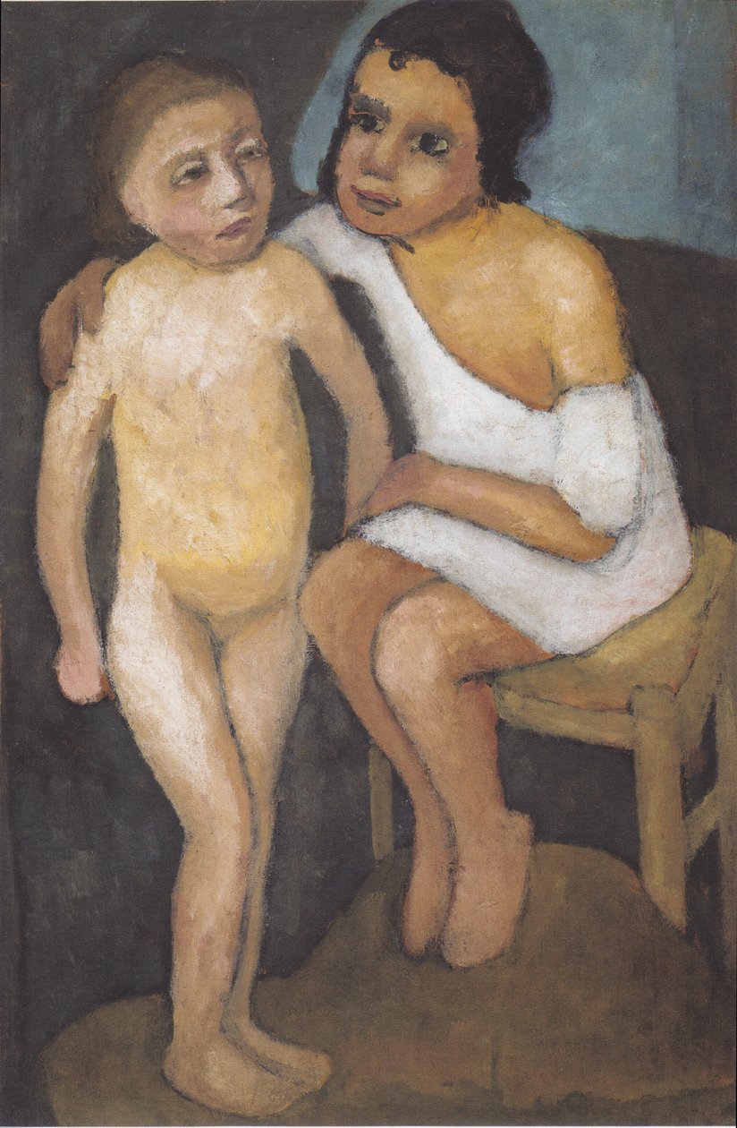 Zittend meisje in wit hemd en staande meisjesnaakt door Paula Modersohn Becker
