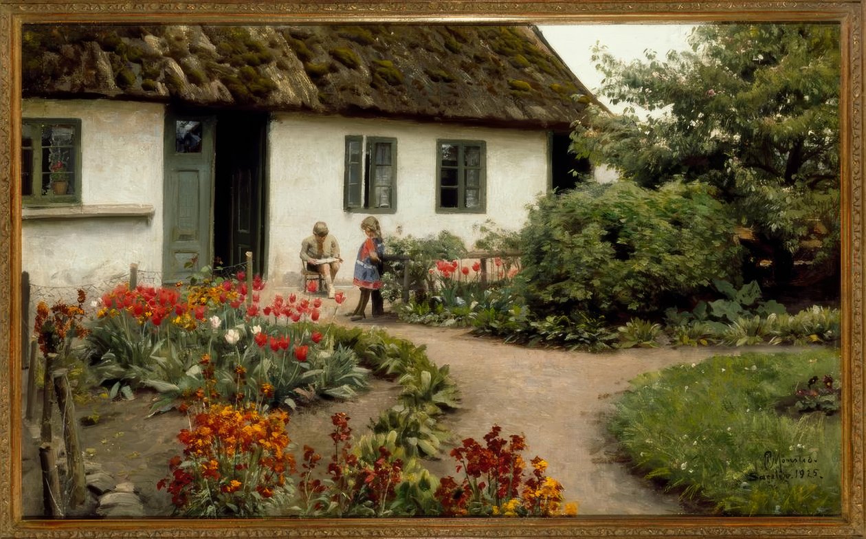Leesuurtje in de bloementuin door Peder Monsted