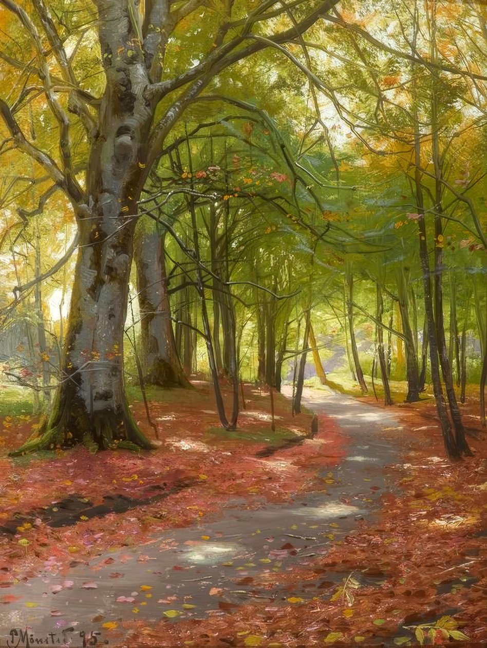 P. Mönsted, Zonnige herfstdag in het bos door Peder Monsted