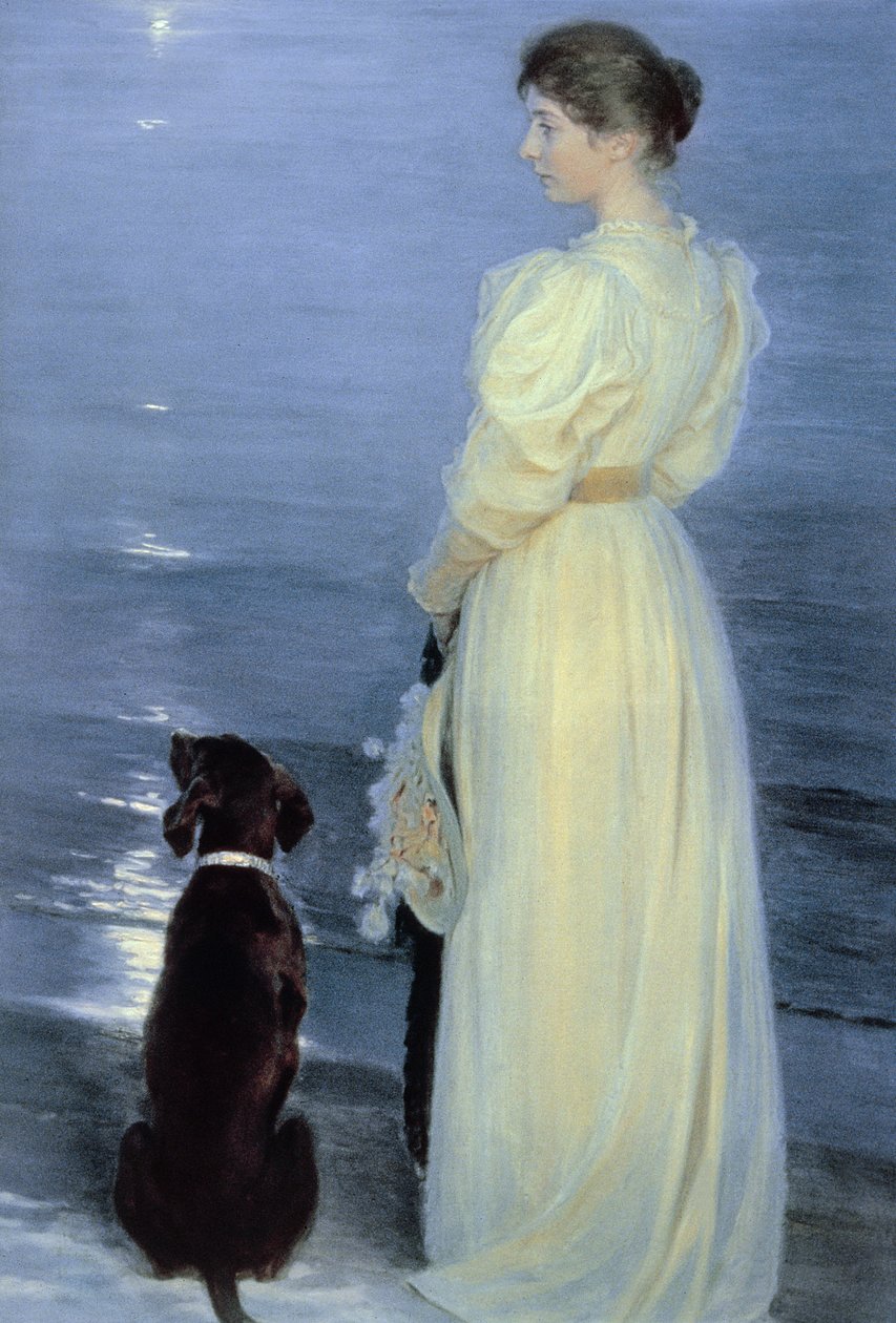Zomeravond in Skagen, de vrouw van de kunstenaar met een hond op het strand door Peder Severin Krøyer