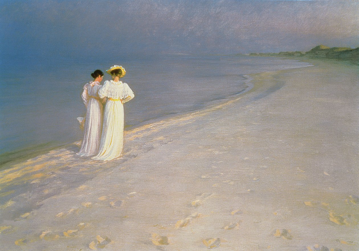 Zomeravond op het zuidelijke strand van Skagen met Anna Ancher en Marie Kroyer door Peder Severin Krøyer