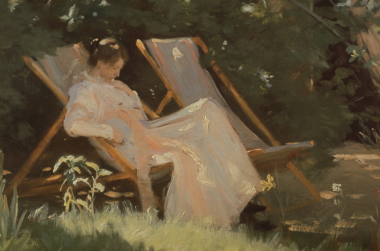 De vrouw van de kunstenaar zittend in een tuinstoel in Skagen door Peder Severin Krøyer