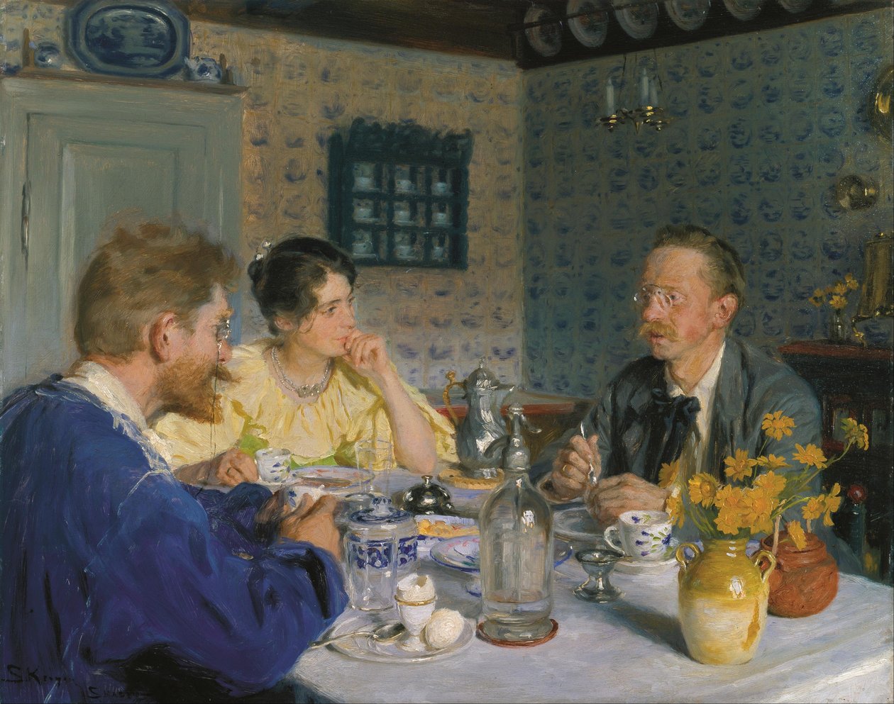 Een lunch. De kunstenaar, zijn vrouw en de schrijver Otto Benzon door Peder Severin Krøyer