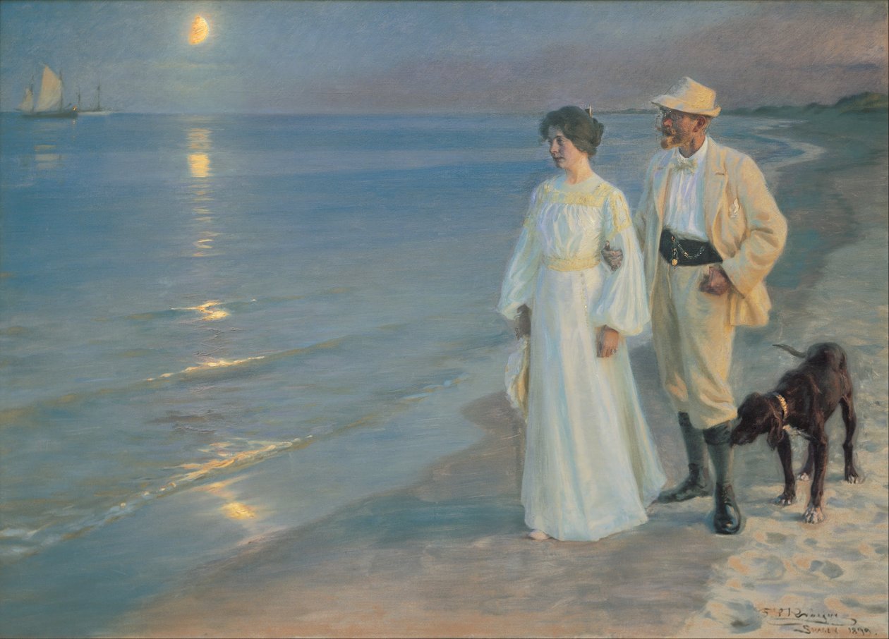 Zomeravond op het strand van Skagen. De schilder en zijn vrouw. door Peder Severin Krøyer