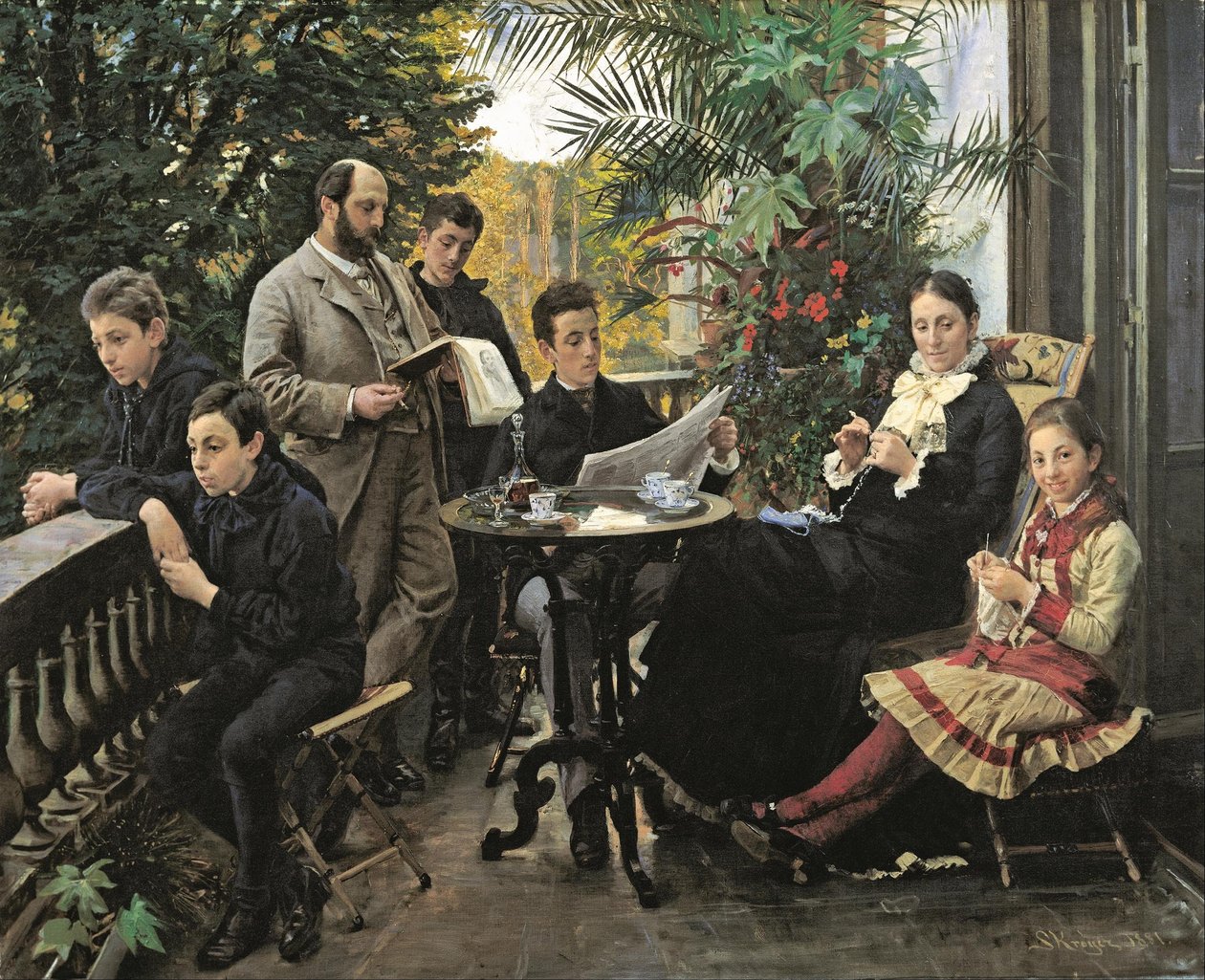 Het Hirschsprung familieportret. Van links Ivar, Aage, Heinrich, Oscar, Robert, Pauline en Ell... door Peder Severin Krøyer