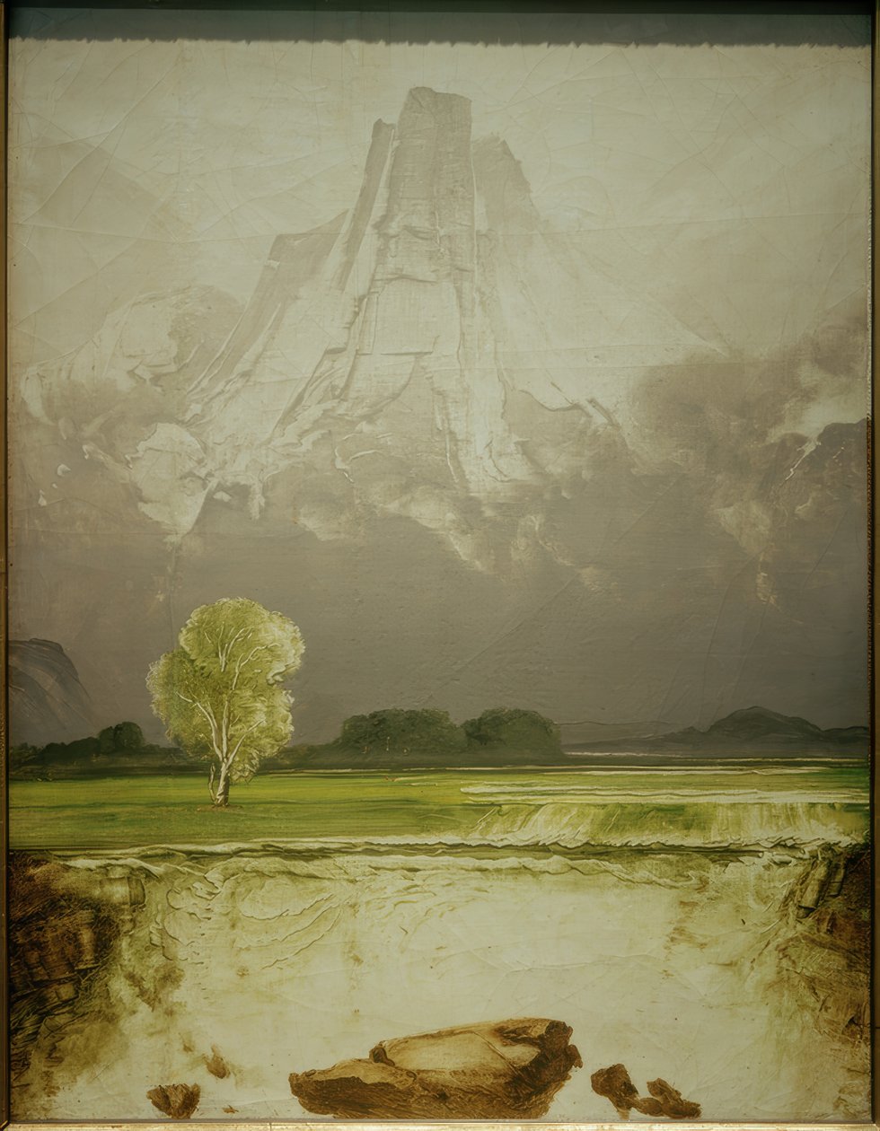 De berg Stetind met een berk door Peder Balke