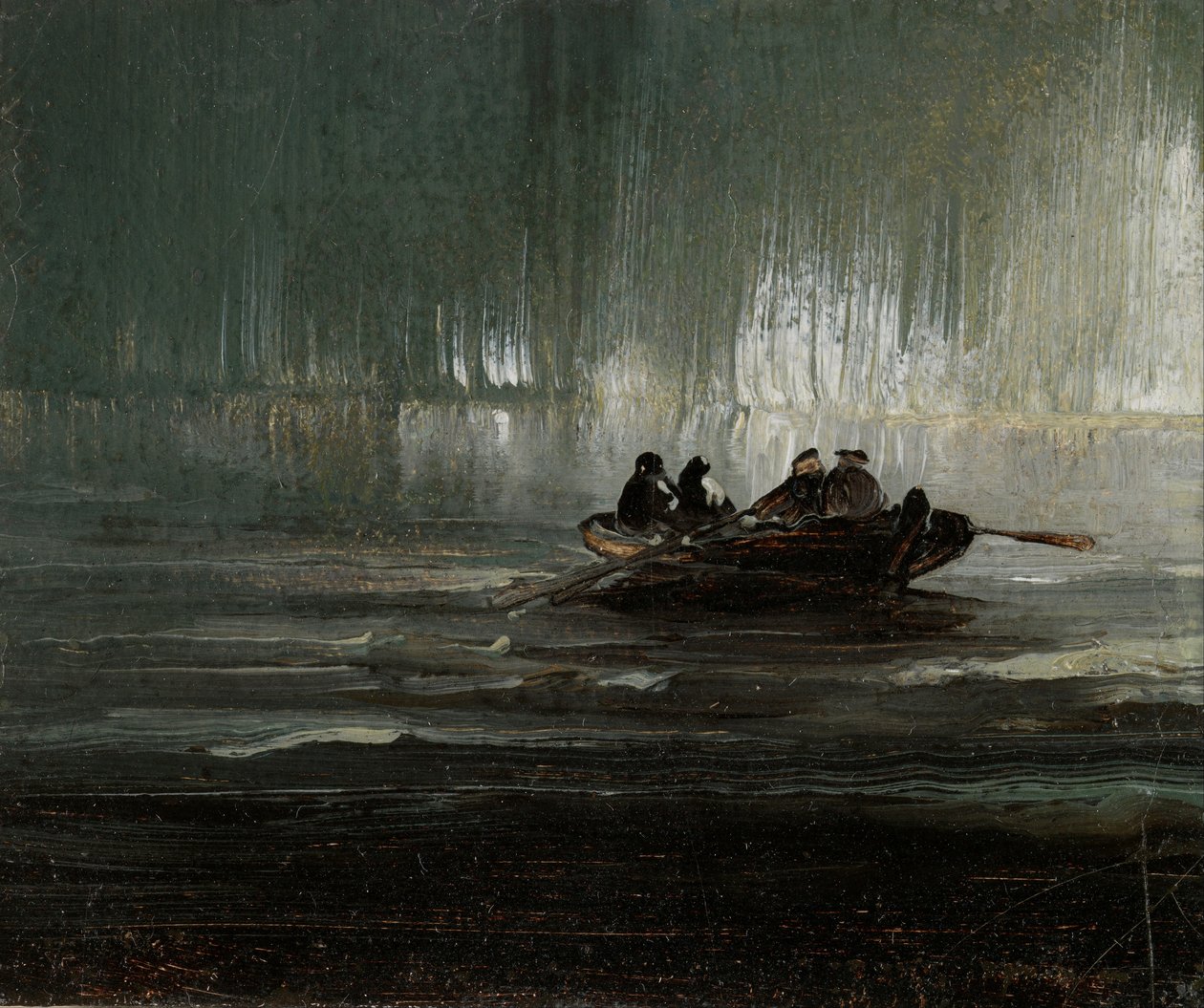 Noorderlicht boven vier mannen in roeiboot door Peder Balke