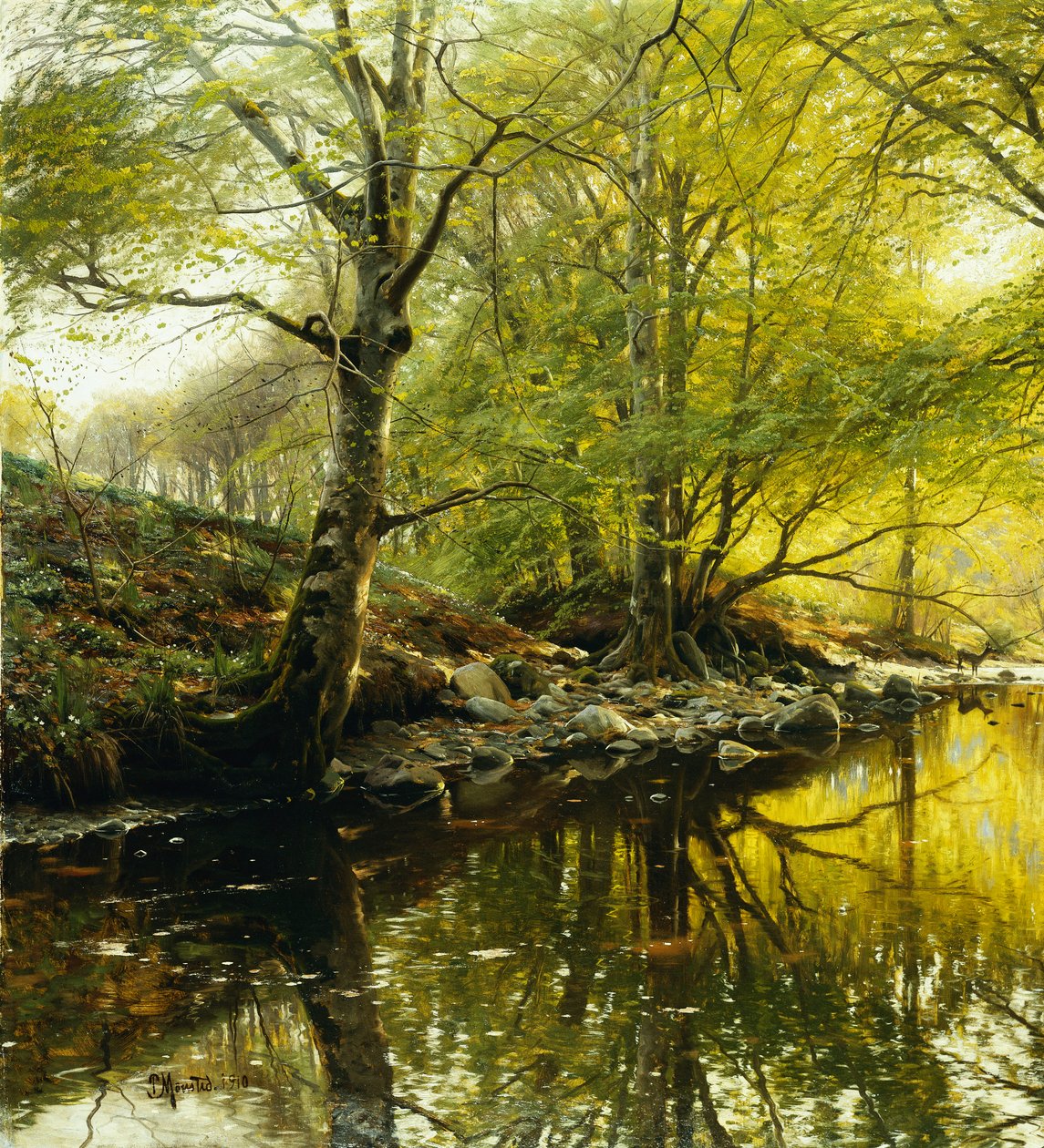Een Bebost Rivierlandschap door Peder Monsted