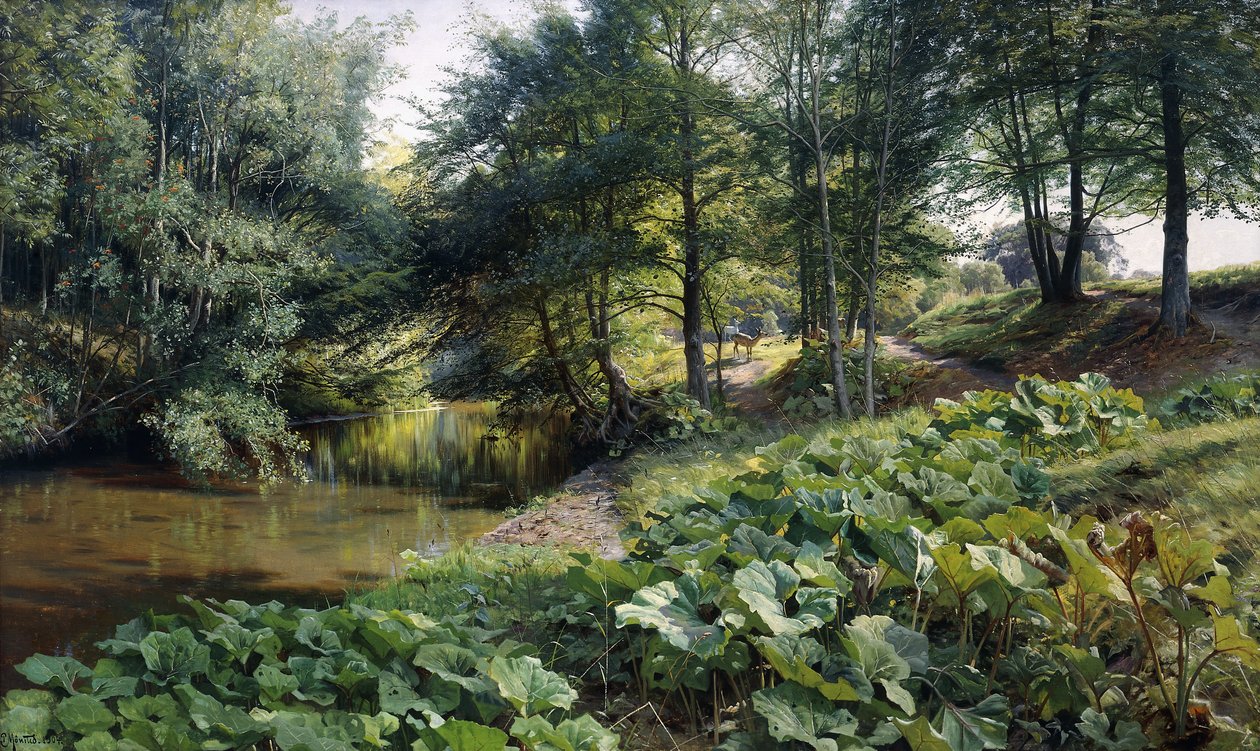 Een Bebost Rivierlandschap met Herten door Peder Monsted