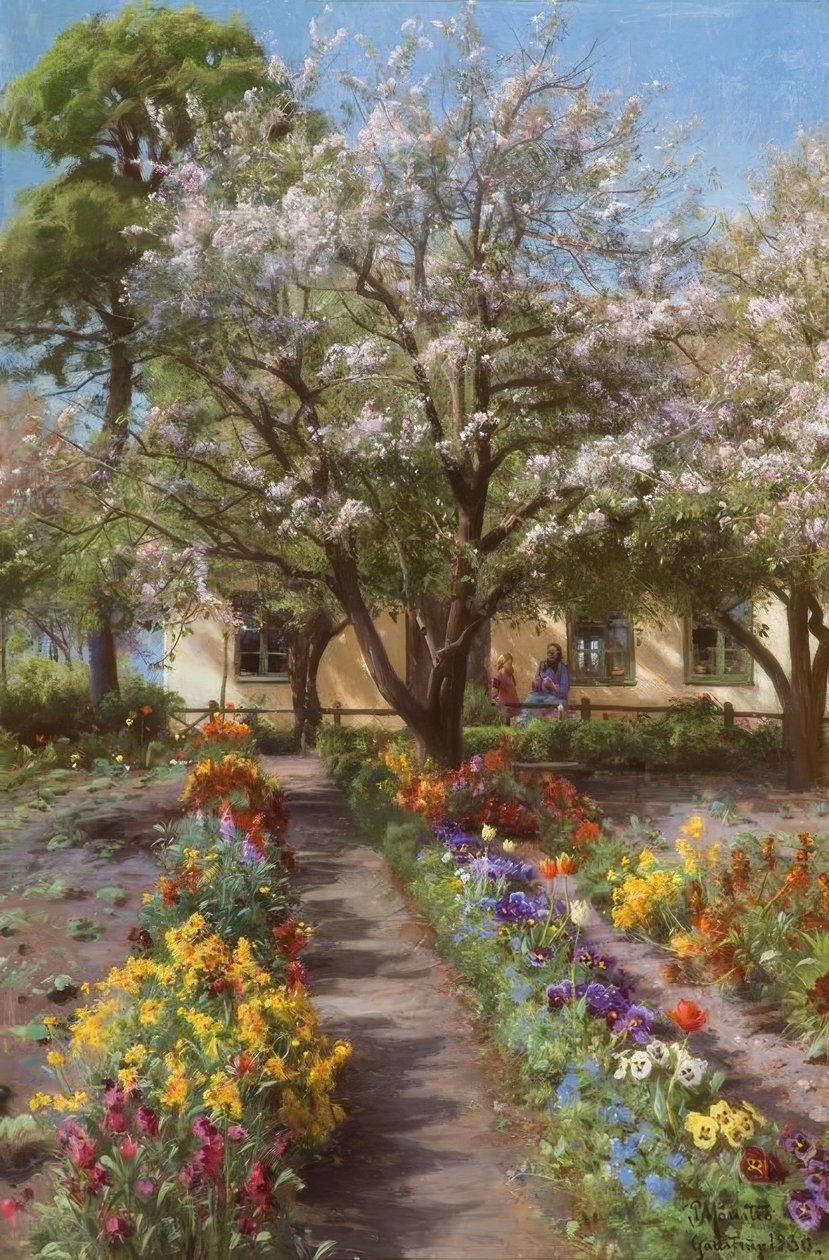 P. Mønsted, Bloeiende tuin in de lente door Peder Monsted