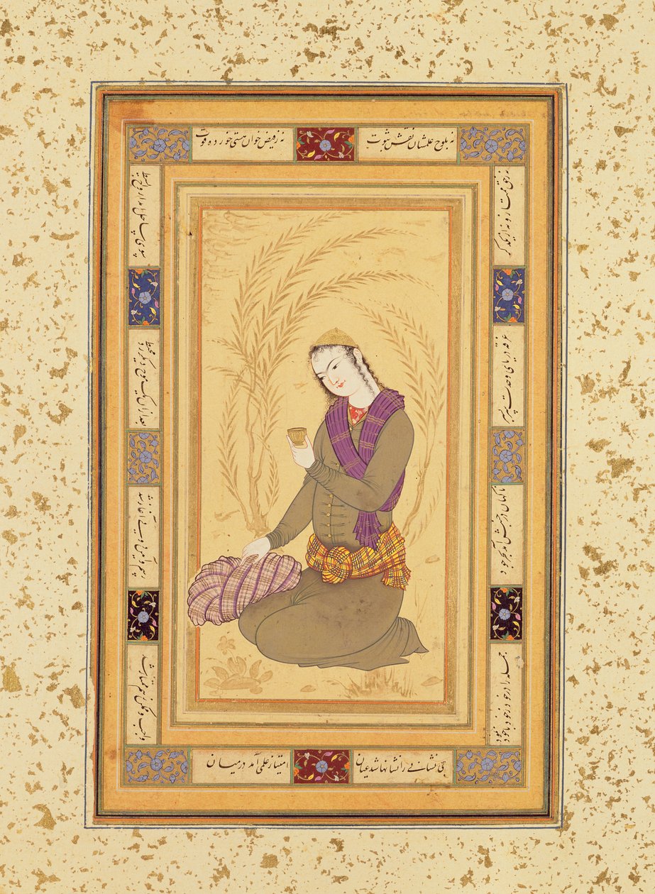 Zittende jongeling met een beker, uit het Grote Clive Album, c.1610-20 door Persian School