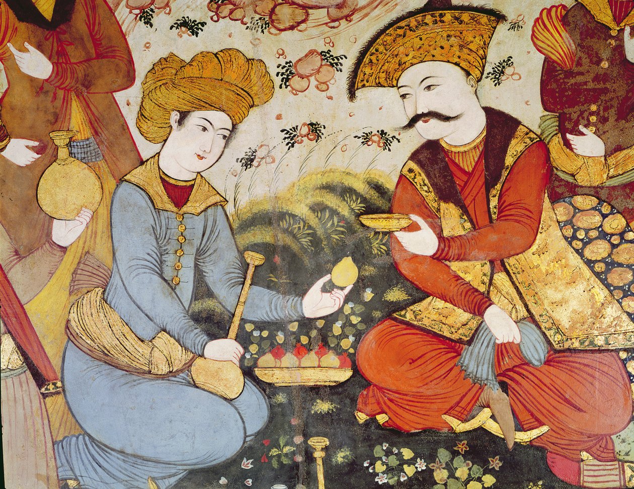 Shah Abbas I (1588-1629) en een Hofdienaar die fruit en drank aanbiedt (detail) door Persian School